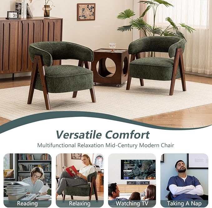 Kidol & Shellder Mid Century Accent Chair Set of 2 Comfy Fabric Modern Living Room Bedroom Chairs Upholstered Lounge Reading Armchair with Thicken Seat Cushion Wood Frame （Green）