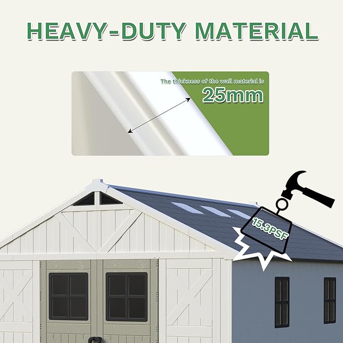 Greesum 10×12 FT Plastic Outdoor Storage Shed with Floor and Lockable Door, Resin Sheds with Windows and Skylights, Weather Resistant Organization for Garden, Lawn, Pool Supplies, Beige