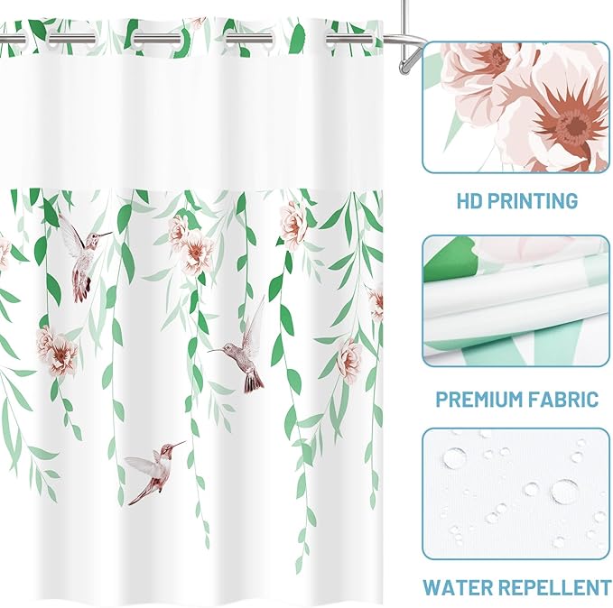 No Hook Shower Curtain with Snap in Liner - Fabric Waterproof Inner Liner, Plants Green Floral Pink Nature Birds Cloth Shower Curtains Washable, 71 x 74 Inch