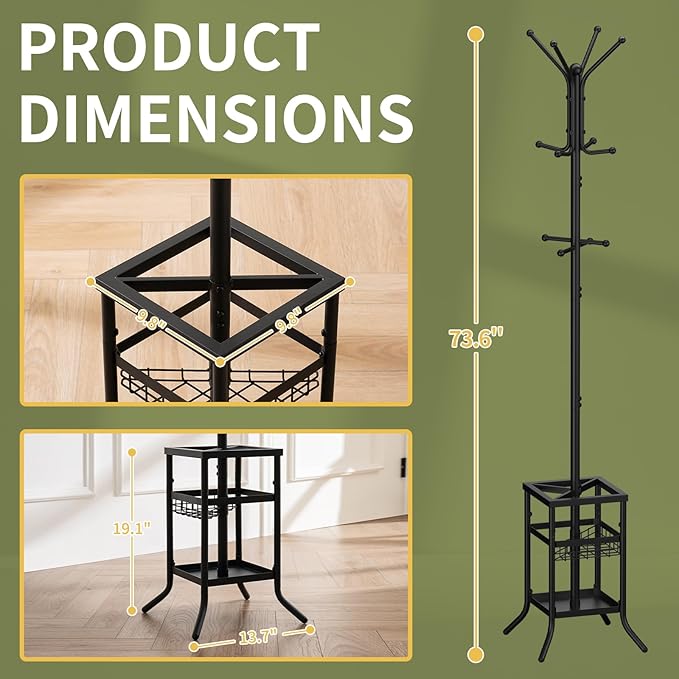 Yoobure Coat Rack Freestanding - Coat Tree with Umbrella Holder, Metal Coat Rack Stand with 12 Hooks, Modern Coat Hanger Stand for Entryway, Purse Rack Hat Rack Stand for Living Room Bedroom Office