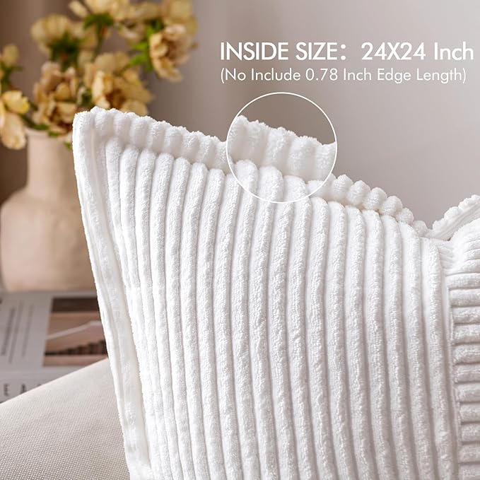 MIULEE Decorative Euro Sham Throw Pillow Covers for Couch Bed Livingroom 24x24 Inch Set of 2 White Boho Accent Throw Pllows Broadside Striped Patchwork Soft Corduroy Pillowcases