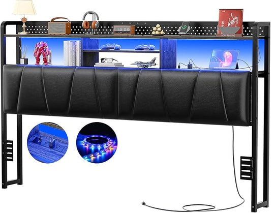 Unikito Headboard for King Size Bed Frame, Upholstered Head Board with Outlets, USB Ports and LED Light, Comfortable Leather Headboards with Storage Shelf, Sturdy King Bed Headboard Only, Black Oak