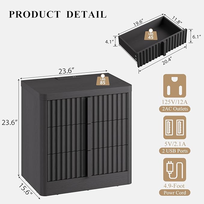 Fluted Night Stand with Charging Station, 23.6" Nightstand with Solid Wood Handle, Mid Century Moden Bedside Table End Table 3 Drawer Dresser for Bedroom, Living Room, Black