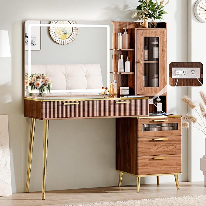 Vanity Desk with 29.53" HD Lighted Mirror, 47.24" Big Modern Vanity Desk with Mirror and Lights, Makeup Vanity with 5 Drawers and Storage Shelves and Charging Station, Walnut1