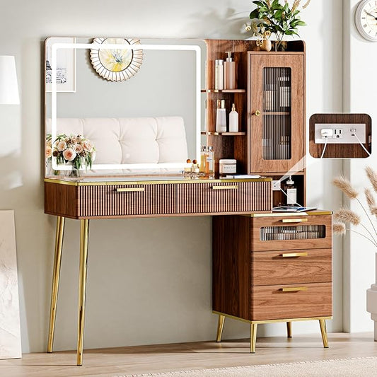 Vanity Desk with 29.53" HD Lighted Mirror, 47.24" Big Modern Vanity Desk with Mirror and Lights, Makeup Vanity with 5 Drawers and Storage Shelves and Charging Station, Walnut1