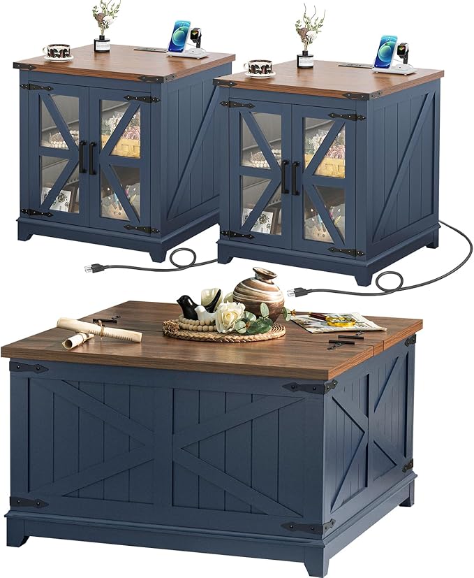 Farmhouse Coffee Table Sets 3 Pieces, Large End Side Tables with Charging Station and Coffee Table with Hidden Storage Compartment, Blue Living Room Table Set, Wood Furniture Sets for Home Office