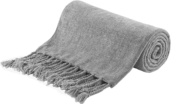 BATTILO HOME Gray Chenille Throw Blanket for Couch, Decorative Soft Knit Throw Blanket with Fringe Tassels, Lightweight Throw Blanket for Home Decor, 50"x60"