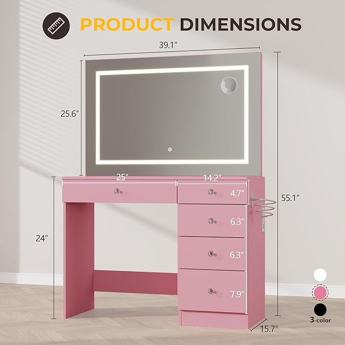 39" Vanity Desk with Mirror and Lights, 5 Drawers Makeup Vanity Desk with Tempered Glass top, 3 Lighting Modes Adjustable Brightness, Pink Vanity with Magnetic 5X Magnifier for Bedroom