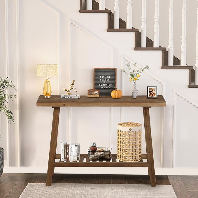 Reclaimed Solid Wood Console Table, 43.3" Farmhouse Entryway Table, Narrow Couch Tables Behind Sofa, 2 Tiers Accent Tables for Hallway, Entrance, Foyer, Living Room