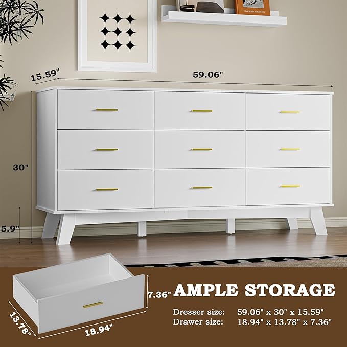 Dresser for Bedroom with 9-Drawer, 59" Wide Modern Chest of Drawers with Metal Handles, X-Shape Base & Adjustable Center Leg, Anti-Tip Closet Organizers and Storage