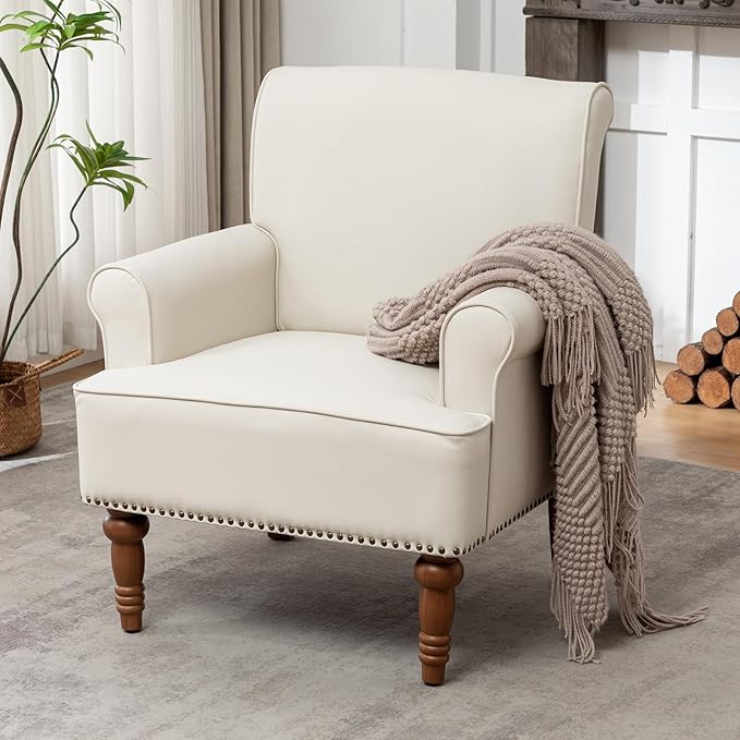 Accent Chair, Faux Leather Living Room Chairs with Nailhead Trim, Mid-Century Lounge Armchair with Solid Wood Legs, Comfy Reading Single Sofa for Bedroom, Waiting Room (White, 2 Chairs)