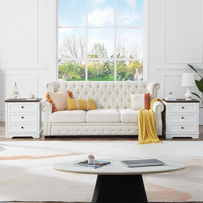 Farmhouse 3 Drawers Dresser for Bedroom, Rustic Small Chest of Drawers with Charging Station, Wood Closet Organizers, White Modern Tall Nightstand/End Table for Bedroom, Living Room, Entryway