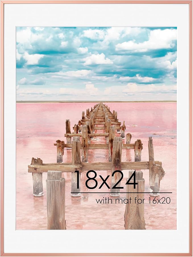 18x24 Metal Picture Frame For Wall With Mat For 16x20, 18''x24'' Aluminum Photo Frames With Tempered Glass, Minimalist Modern Poster Frame Horizontal And Vertical Formats, Rose Gold