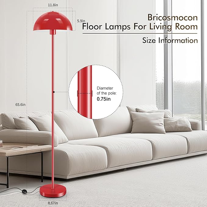 Floor Lamp, Industrial Red Floor Lamps for Living Room, 65.6in Standing Lamp, Retro Mushroom Dome Shade, Whole Metal, E26 Socket, Mid Century Modern Floor Lamp for Bedroom/Office,No Bulb