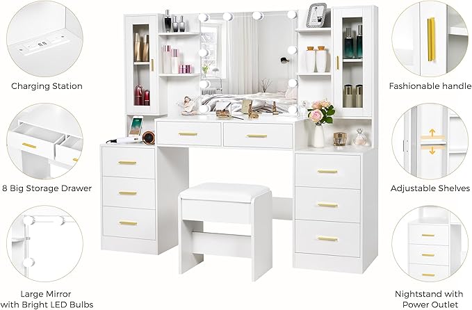 ANWBROAD 59.1" Large Vanity Desk Table with Mirror & Lights White Makeup Vanity with Power Outlet and 8 Drawers 3 Lighting Modes Adjustable Vanity Table for Girl Women Bedroom Dressing Room UBDT67W