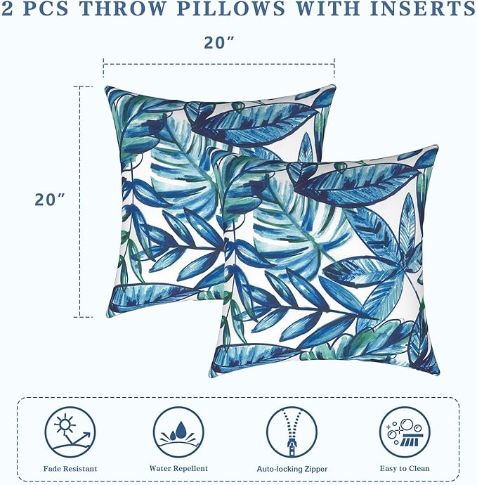 LVTXIII Outdoor Throw Pillows, Decorative Throw Pillows with Inserts, 20"x20" Square Pillows for Bed, Couch, Sofa and Patio Furniture, Set of 2, Leaves Ink Blue