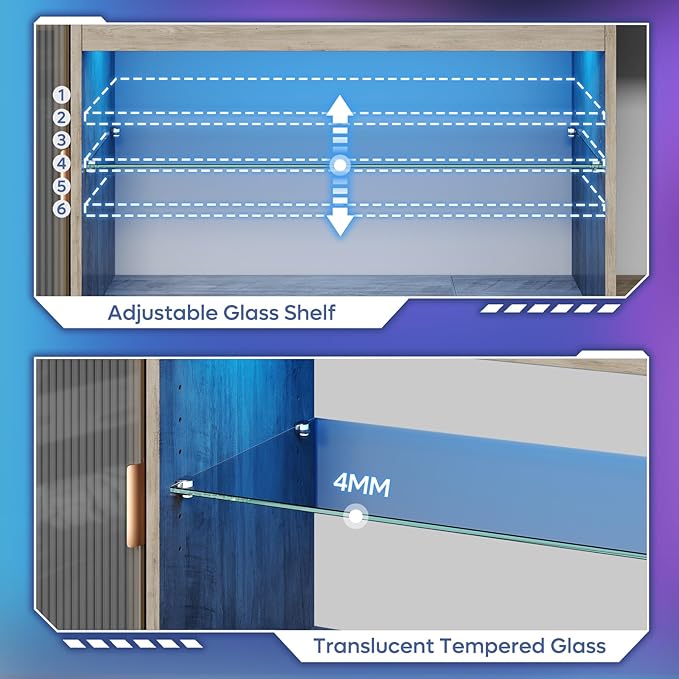 Bestier 70 inch TV Stand for TVs up to 80 Inch, LED Entertainment Center with Adjustable Glass Shelf & Translucent Doors Storage Cabinet for PS5 Xbox, Modern TV Console for Living Room, Washed Gray