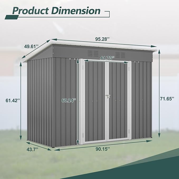 8x4 FT Outdoor Storage Metal Shed with Air Vents Sloping Roof Double Lockable Doors Waterproof Tool Galvanized Ideal for Backyard Patio Lawn Gray Shed Storage