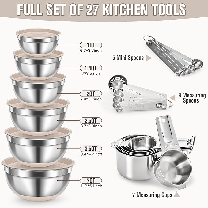 30PCS Mixing Bowls with Lids Set, Stainless Steel Nesting Bowls with Graters, Non-Slip Silicone Bottom, Large Khaki Bowls 7QT to 1QT & 21 Measuring Cups and Spoons Great for Mixing, Baking, Serving