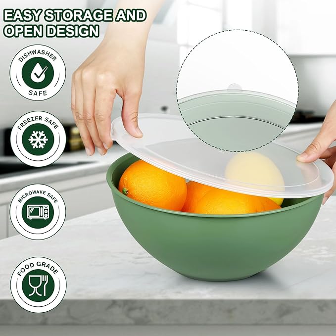 6-Piece Plastic Mixing Bowl Set with Lids for Kitchen, Nesting Storage Bowls for Baking, Prepping,Cooking and Serving Food, Dishwasher, Microwave Safe,Great for Mixing & Serving (6 Set-Green)