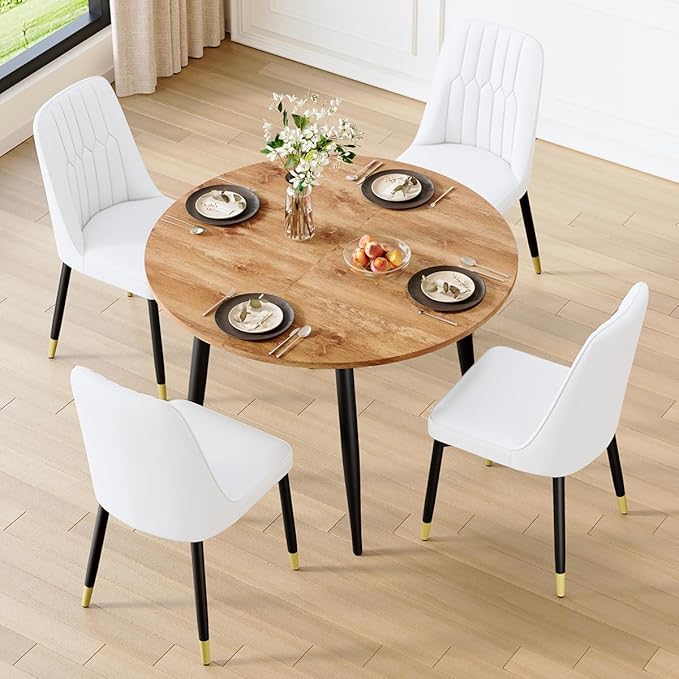 42"-54" Extendable Dining Table Set for 4, Round Dining Table Set for 4, 0.73" Thick Wood Tabletop with Smooth Edge, Black Metal Leg with Non-Slip Footmat, 4 Soft PU Chairs, for Kitchen, Small Space