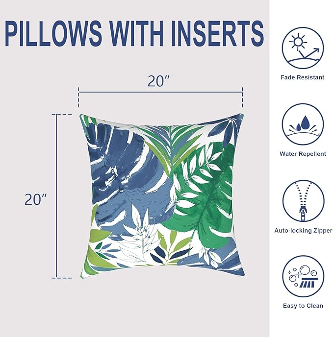 Outdoor Throw Pillows with Inners, All Weather Patio Pillows Set of 2, Square Pillows Decorative for Home Garden Furniture, 20x20 Inch, Islamorada Blue Green