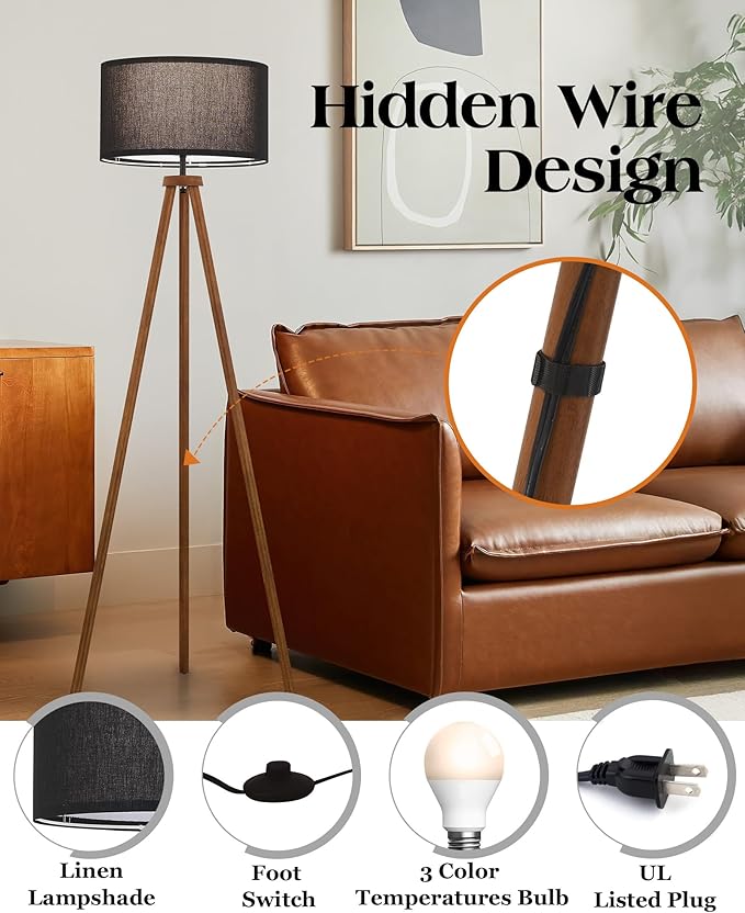 ELYONA Wood Tripod Floor Lamp, Modern Standing Lamp with Black Drum Linen Shade & 3 Color Temperatures LED Bulb, Industrial Tall Reading Lamp for Office Living Room Bedroom, ETL Listed Walnut & Black