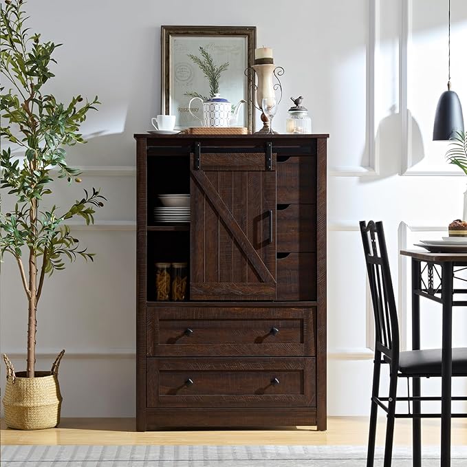 Farmhouse 5 Drawers Dresser for Bedroom, 48" Tall Dresser w/Sliding Barn Door, Rustic Dresser 5 Chest of Drawers, Storage Organizer Dresser for Bedroom, Hallway, Living Room, Dining Room, Espresso