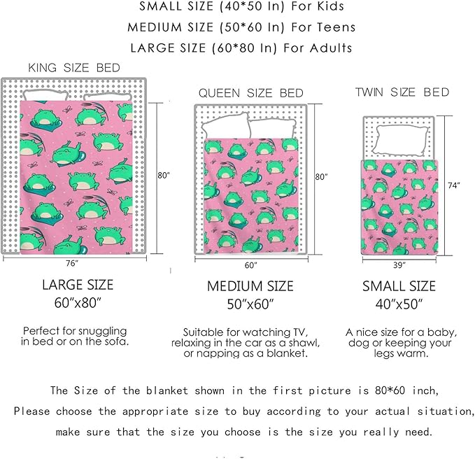 Cute Green Frogs on Pink Throw Blanket, Flannel Fleece Bed Blanket, Soft Cozy Fuzzy Plush Blankets for Couch Sofa Office Traveling Kids Bedroom Adults Living Room All Season, 80"x60"