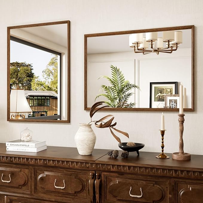 Rectangle Bathroom Mirror 22x30 Inch, Walnut Wood Grain Framed, Anti-Rust & 4mm Tempered Glass, Horizontal/Vertical Hanging Vanity Mirror for Bathroom & Bedroom