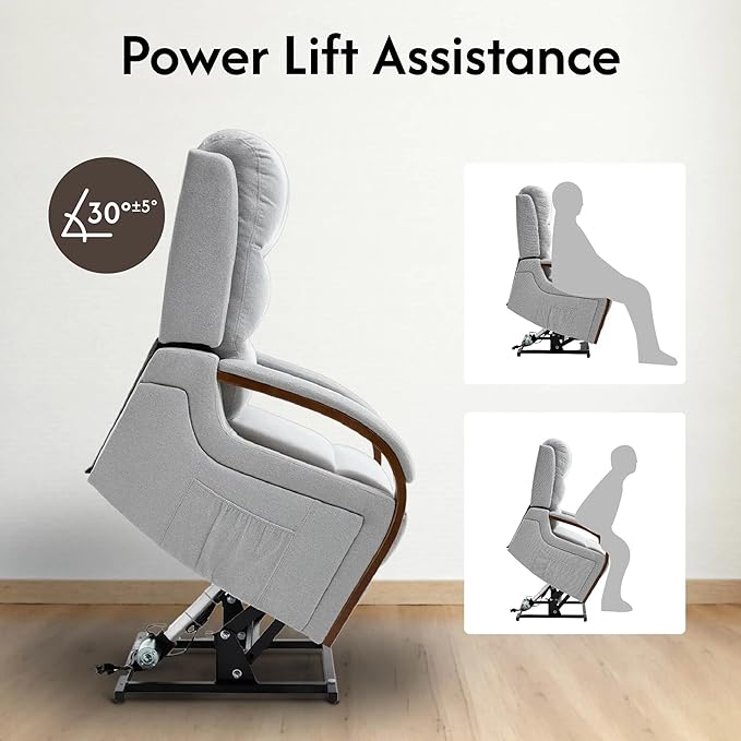 FLEXISPOT Dual Motor Power Lift Recliner Chair for Elderly, Electric Lay Flat Reclining Chair with Massage & Heat, Side Pockets, Fabric Single Sofa for Living Room,Light Gray