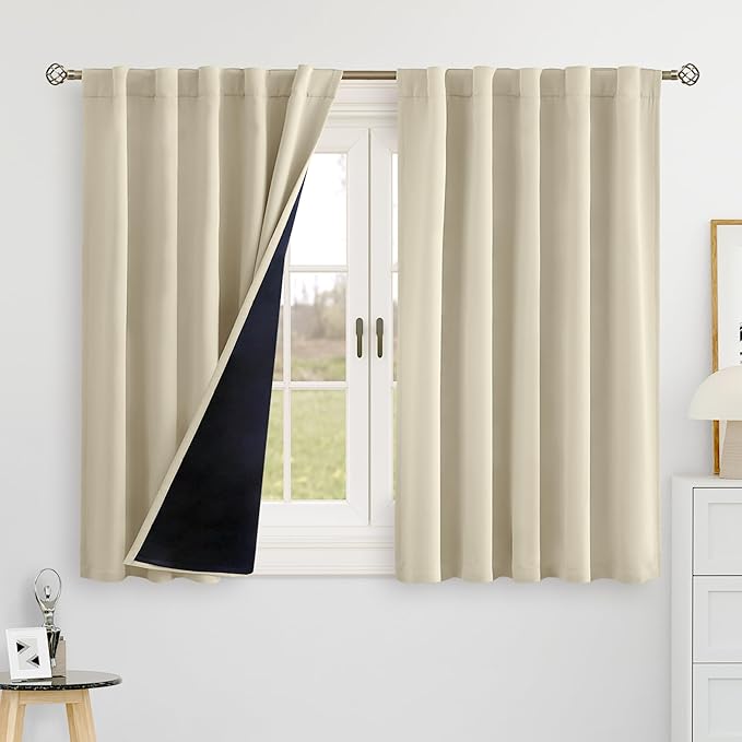 BGment 100% Blackout Curtains 40 Inch Length for Cafe, Rod Pocket and Back Tab Double Layer Thermal Insulated Full Room Darkening Bedroom Kitchen Curtains, 2 Window Panels, 42 x 40 Inch，Beige