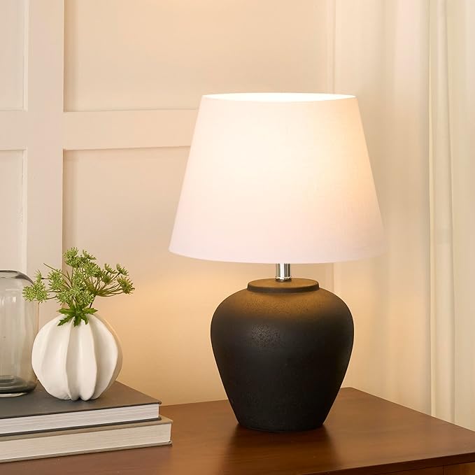 Nourison Home 20" Black Ceramic Pot Table Lamp for Bedroom, Living Room, Console, Entryway