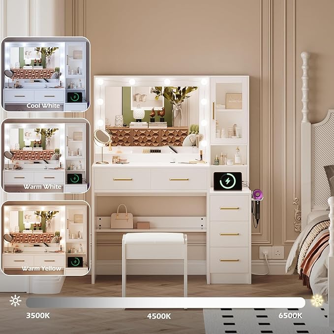 Makeup Vanity with Lights & Charging Station, White Vanity Table with 5 Drawers & Open Storage Shelves ， Bedroom Makeup Dressing Table Set for Women Girls