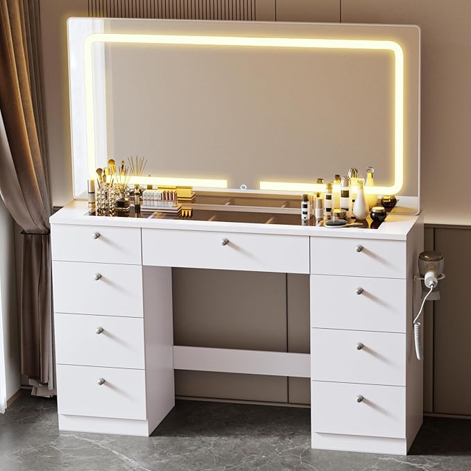 Makeup Vanity Desk with Mirror - 46 INCH Glass Tabletop Vanity Table with Lights, Drawers, Power Outlet, Large Storage Desk for Bedroom, White