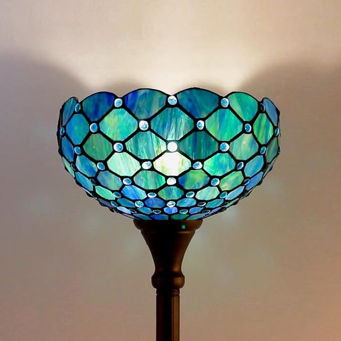 Tiffany Floor Lamp Torchiere Stained Glass Torch Lamp 12X12X67 Inch Antique Standing Corner Light (Sea Blue Pearl)