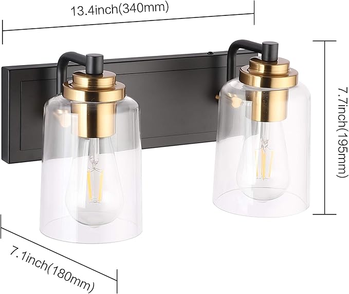 SOLFART 20.1 Inch Black Vintage Bathroom Vanity Light Fixtures Fixtures with Modern Glass Globe Shade Metal Brass Wall Lamp 2 Lights