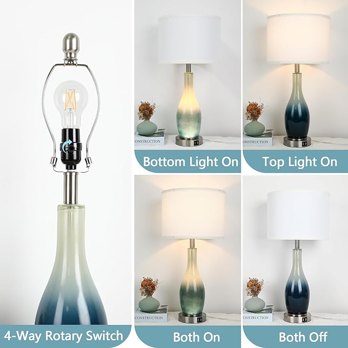 BesLowe 26in Tall Glass Table Lamps Set of 2 with 2 USB Charging Ports & LED Nightlight, Large Coastal Table Lamps for Living Room End Table, Modern Beach Lamps for Bedroom Bedside Nightstand, Blue