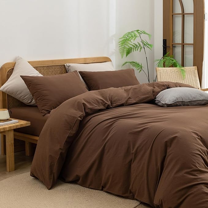 BESTOUCH Duvet Cover Set 100% Washed Cotton Linen Feel Super Soft Comfortable Chic Lightweight 3 PCs Home Bedding Set Solid Cocoa Brown Full/Double