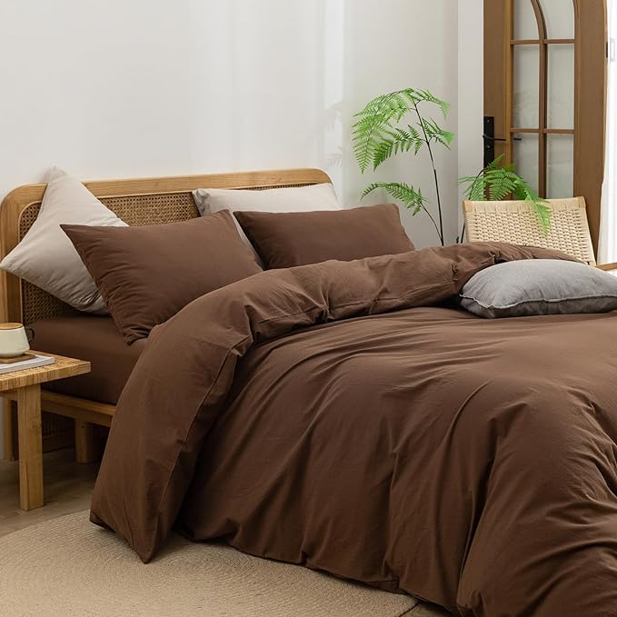 BESTOUCH Duvet Cover Set 100% Washed Cotton Linen Feel Super Soft Comfortable Chic Lightweight 3 PCs Home Bedding Set Solid Cocoa Brown Cal King