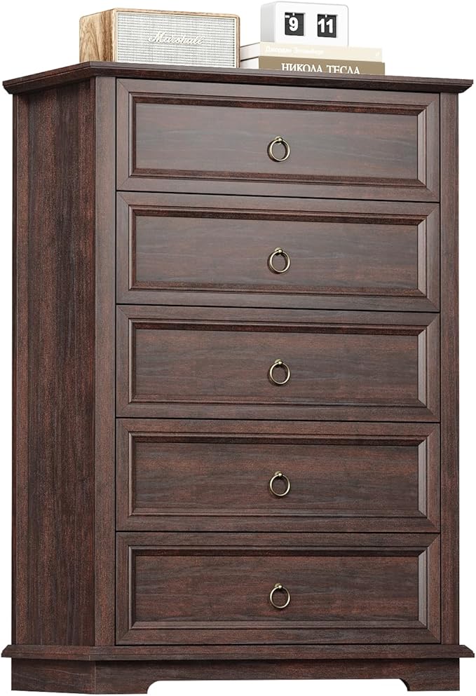 5 Drawer Dresser, Chest of Drawers with Double Anti-Tip, Modern Tall Dresser Organizer for Bedroom, Living Room & Hallway – Easy Assembly Storage Cabinet, Espresso