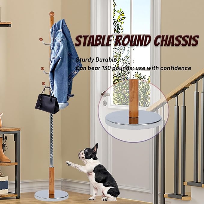 68 in Wood Coat Rack, Coat Rack Freestanding with Stable Round Base, Adjustable Height Tree Coat Racks Stand for Home Bedroom Office Hallway Entryway (Solid Wood Metal Hook)