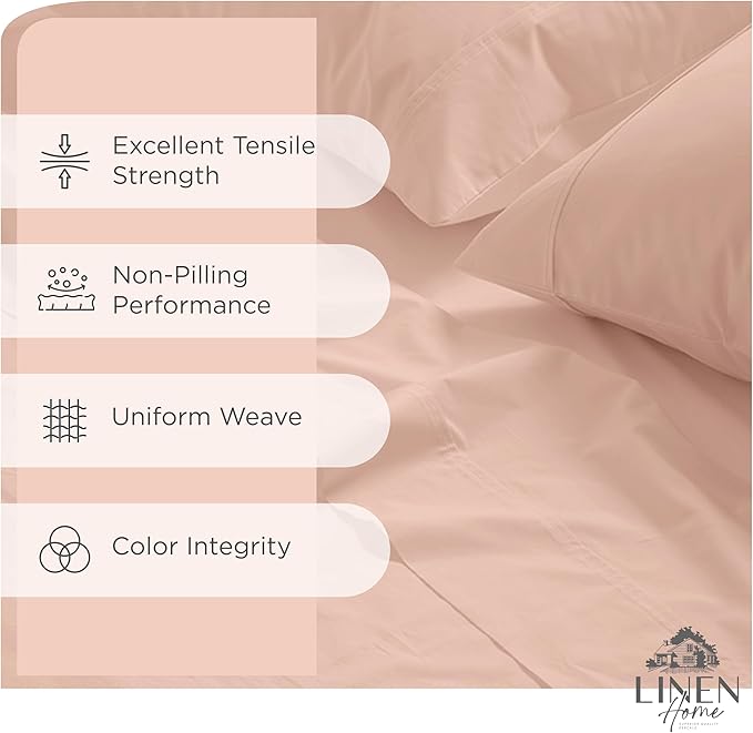 Linen Home 100% Cotton Percale Sheets Twin Size, Brushed Rose, Deep Pocket, 3 Pieces Set - 1 Flat, 1 Deep Pocket Fitted Sheet and 1 Pillowcase, Crisp Cool and Strong Bed Linen