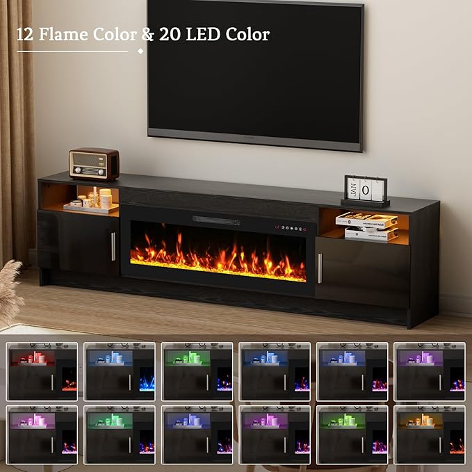 80'' TV Stand with 42''Fireplace-Black Entertainment Center for 90 inch TV- TV Cabinet with LED Light, Storage, High Glossy Door, Modern TV Console for Living Room