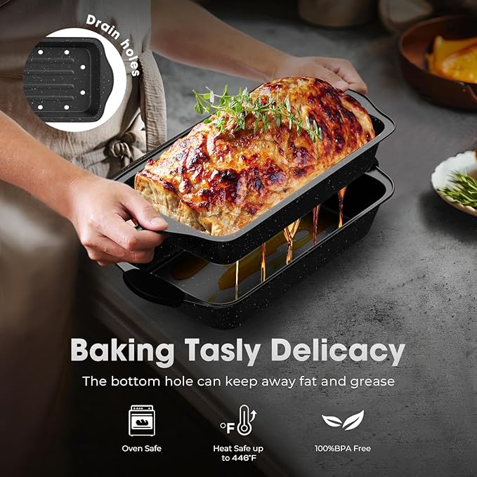 11-Piece Nonstick Baking Pan Set, Stackable Bakeware Sets, Oven Pans for Baking with Silicone Handles, Includes Cookie Sheet, Cake Pans, Loaf Pan, Pizza Pan, Muffin Pan, Black