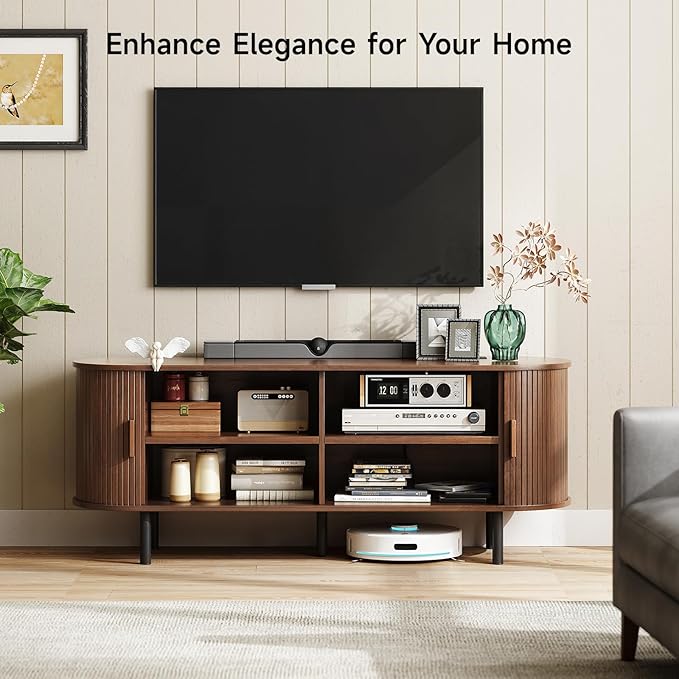 55" TV Stand with Power Outlet for TVs up to 60 Inch, Entertainment Center with Storage and Adjustable Shelves, Modern Media Console with Sliding Doors for Living Room, Walnut