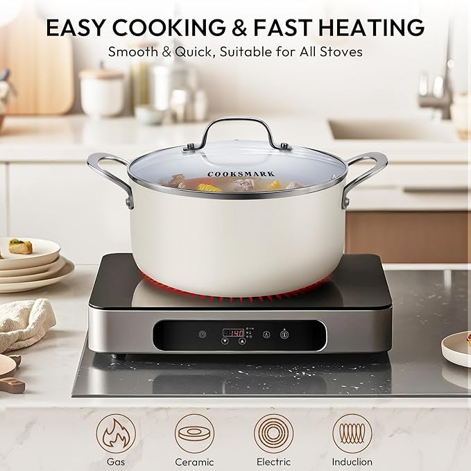 10-Piece Ceramic Nonstick Cookware Set - PFOA-Free Pots and Pans with Glass Lids, Healthy Cooking Easy Clean, Induction Compatible & Oven Safe, Includes Frying Pan, Saucepan, Stockpot - Cream White