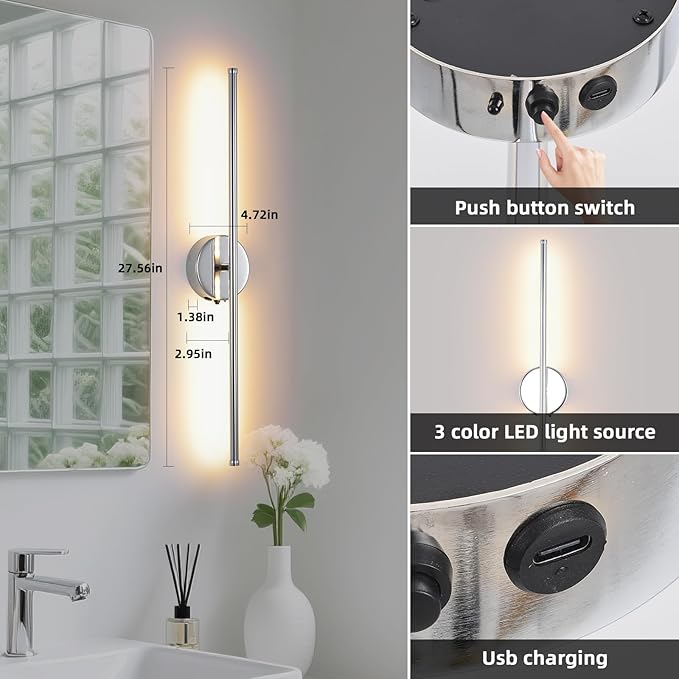 Battery Operated Wall Sconce Set of 2, Chrome 27.5" LED USB Rechargeable dimmable Wall Sconce with Remote Control, Rotate 350° for Living Room, Bedroom, Hallway and scones Lighting