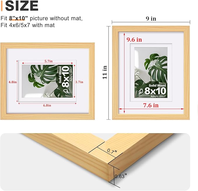 Egofine 8x10 Picture Frame Natural Wood Made of Solid Wood with Plexiglass, Display Pictures 4x6/5x7 with Mat or 8x10 Without Mat, for Tabletop and Wall Mounting Photo Frame