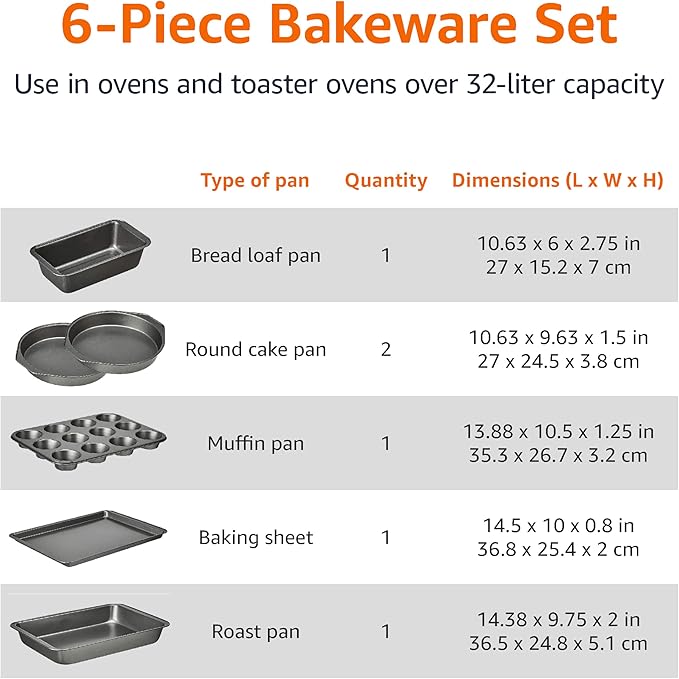 Amazon Basics 6 Piece Nonstick, Carbon Steel Oven Safe Bakeware Set with Cake, Muffin, Cookie, and Loaf Pans, 6 Piece, 16.25 x 11.75 x 6.25 inches